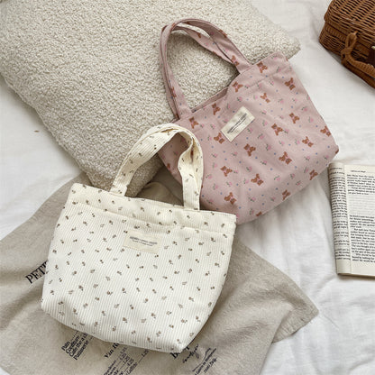 Corduroy Floral Tote Bag - Fits A4 Books & Bento Boxes