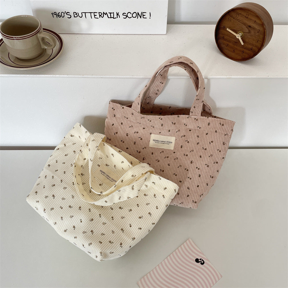 Corduroy Floral Tote Bag - Fits A4 Books & Bento Boxes
