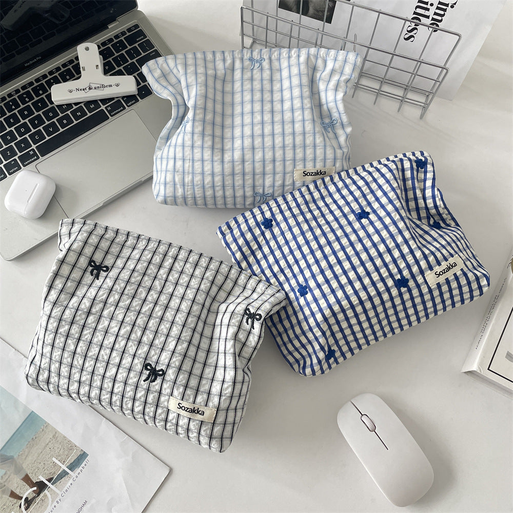 Cozy Gingham & Embroidery Storage Pouch