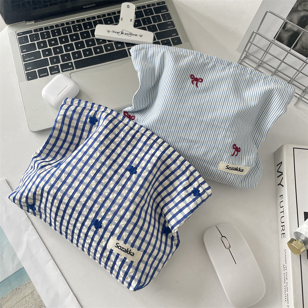 Cozy Gingham & Embroidery Storage Pouch